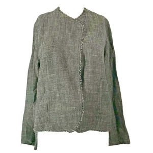 Eileen‎ Fisher Jacket Blazer Womens Sz PP Petite Gray Linen Fringe Trim Open